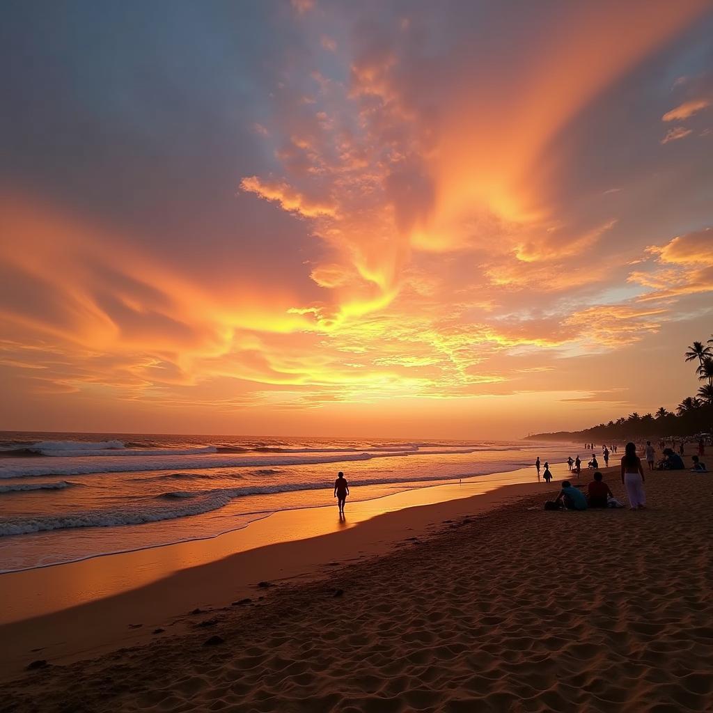 Sunset over a Goa beach, with tourists enjoying the view. This image evokes the relaxing atmosphere offered by Goa tour packages from Chennai.