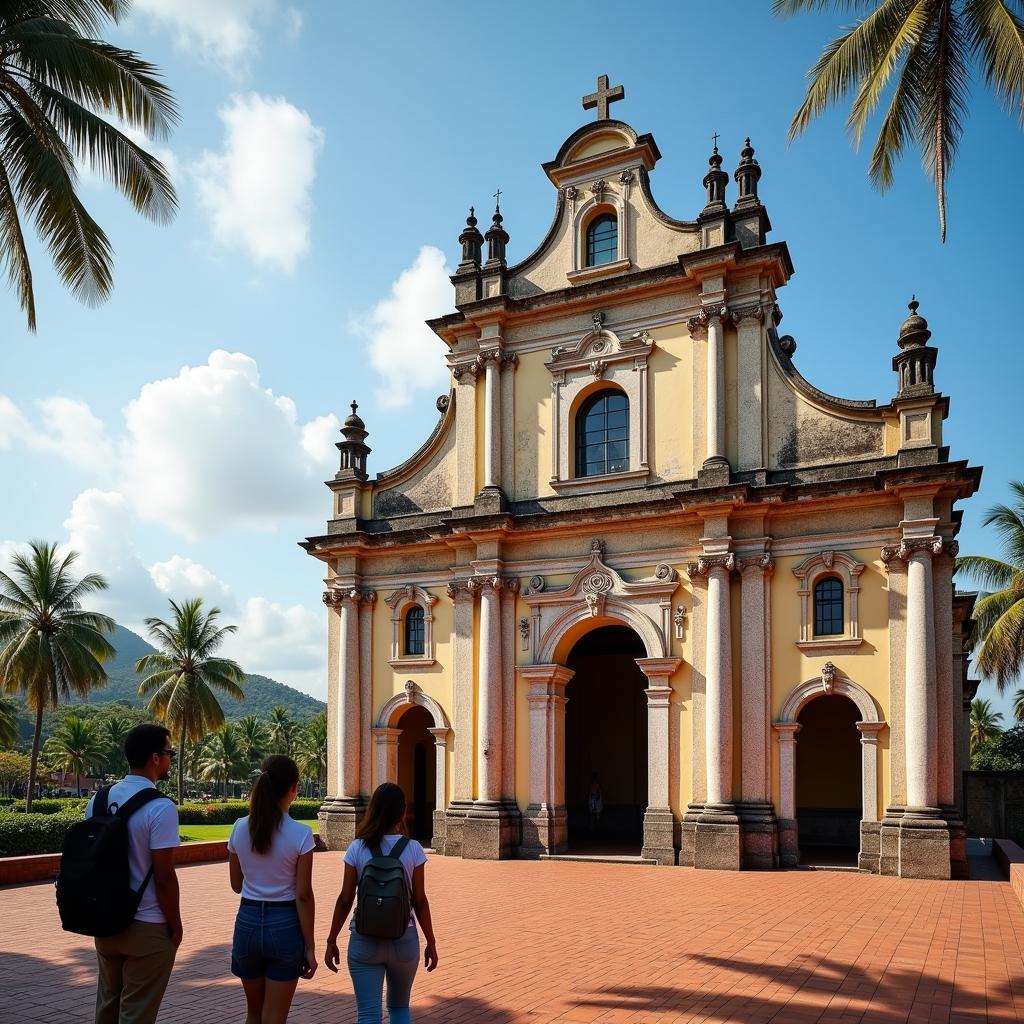 Tourists visiting a historic church in Goa. This image showcases the cultural aspect of a Goa tour from Chennai.