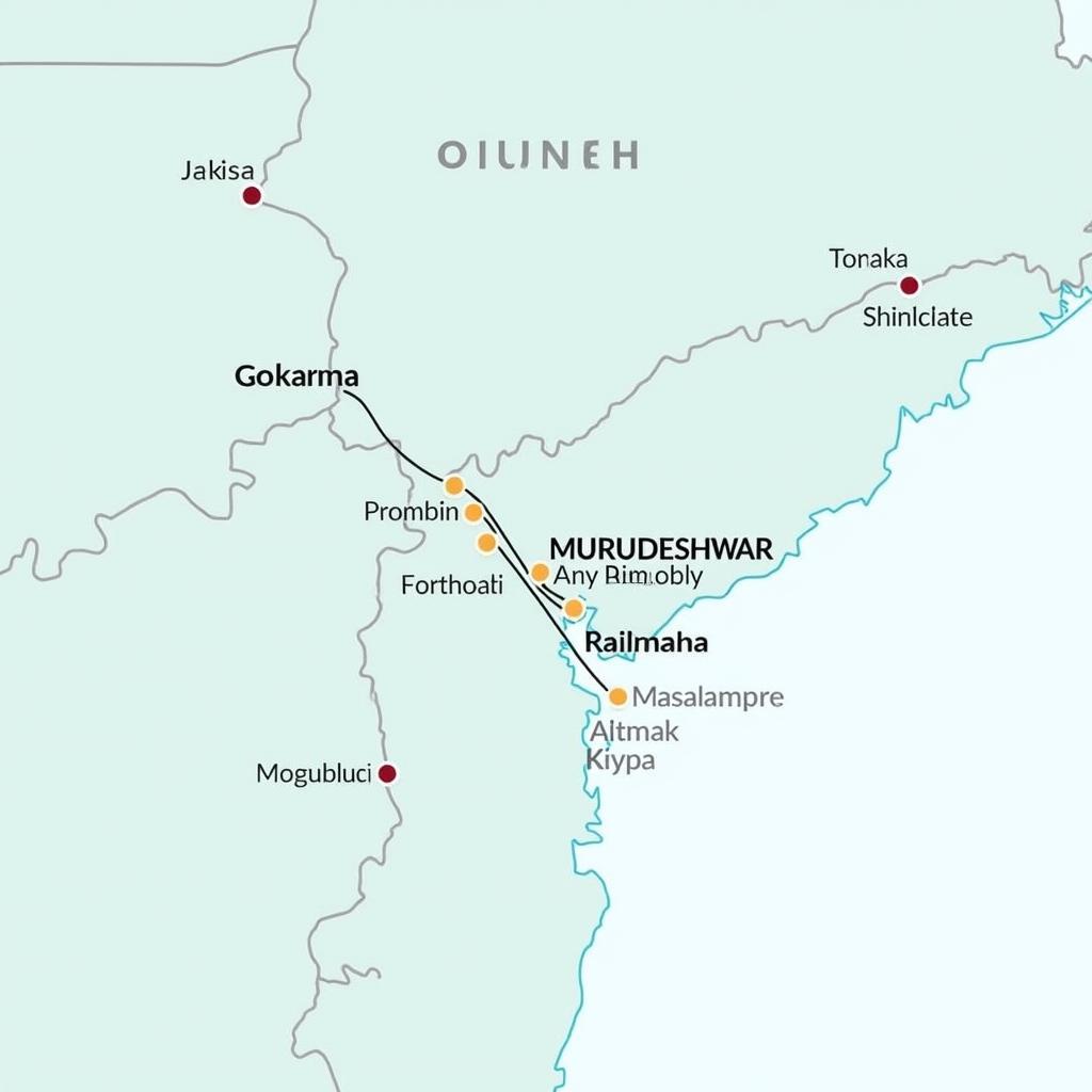 Gokarna Murudeshwar Map: Map showing the location of Gokarna and Murudeshwar on the Karnataka coast, along with nearby cities and transportation routes.