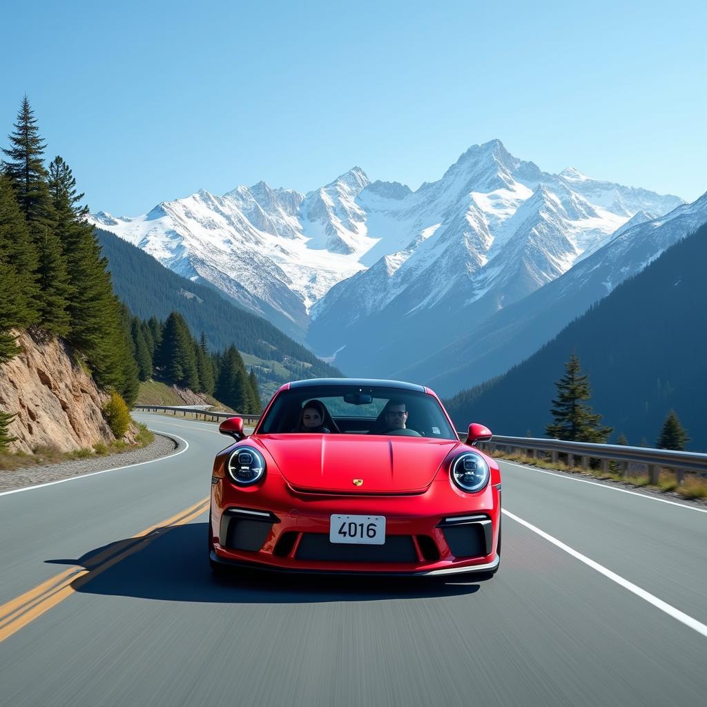 Porsche GT3 Touring driving through the Japanese Alps