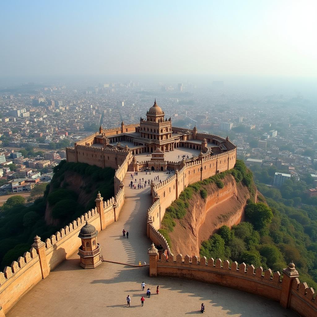 Gwalior Fort panoramic view from the top, showcasing the vastness and architectural grandeur of the historical monument.