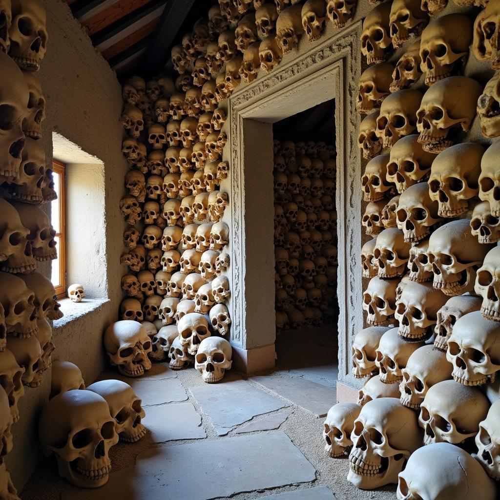 Inside the Beinhaus (Bone House) in Hallstatt, Austria, featuring decorated skulls