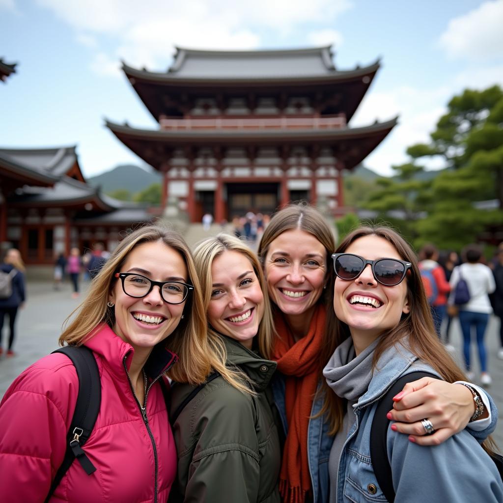 Group of smiling tourists posing in front of a Japanese temple