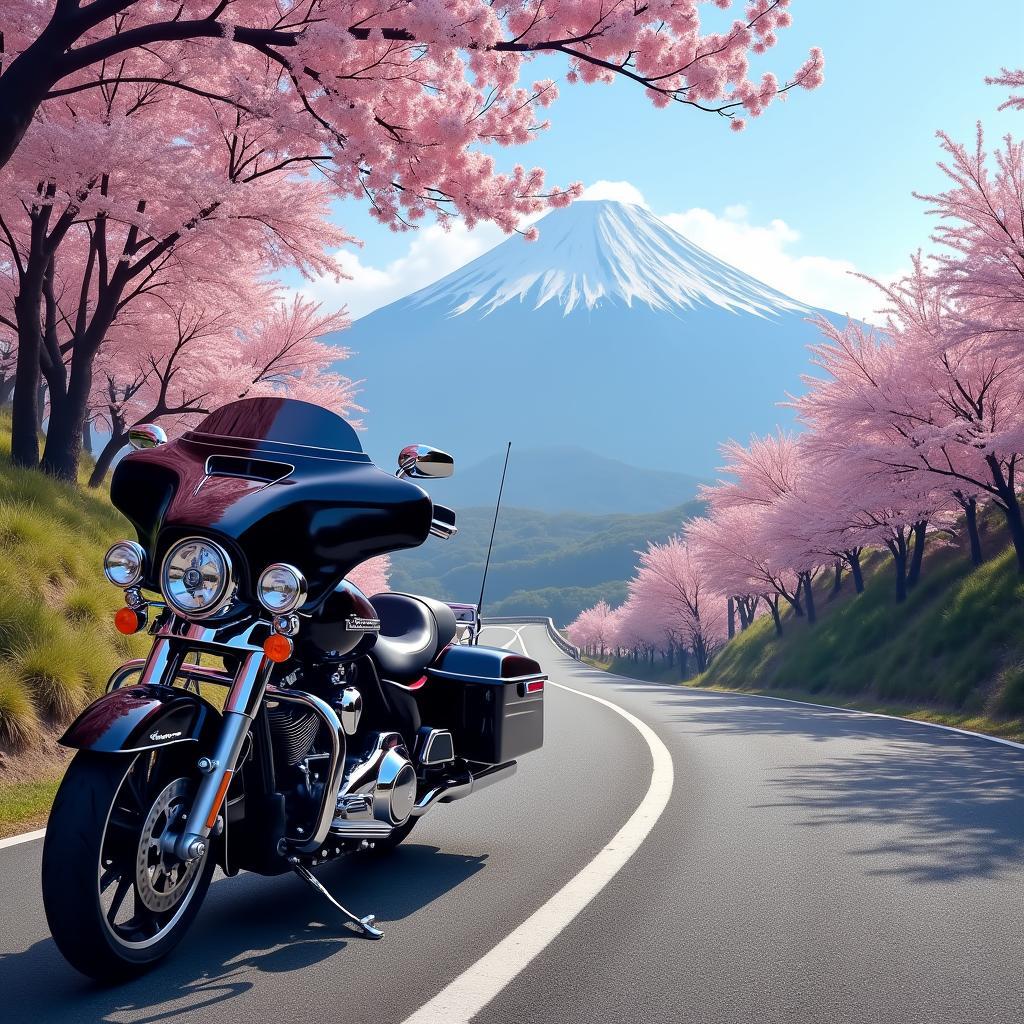 Harley Davidson touring motorcycle on a scenic Japanese route