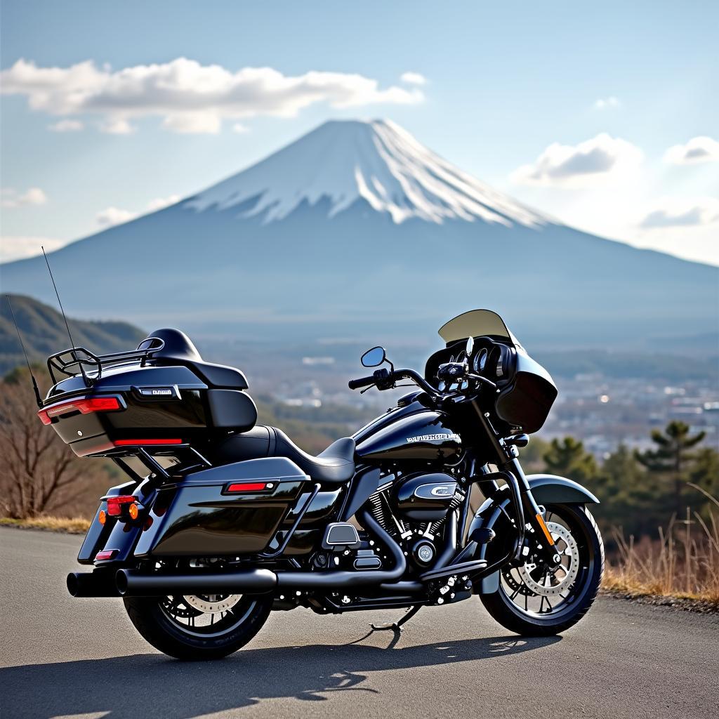 Harley Davidson parked with Mount Fuji in the background