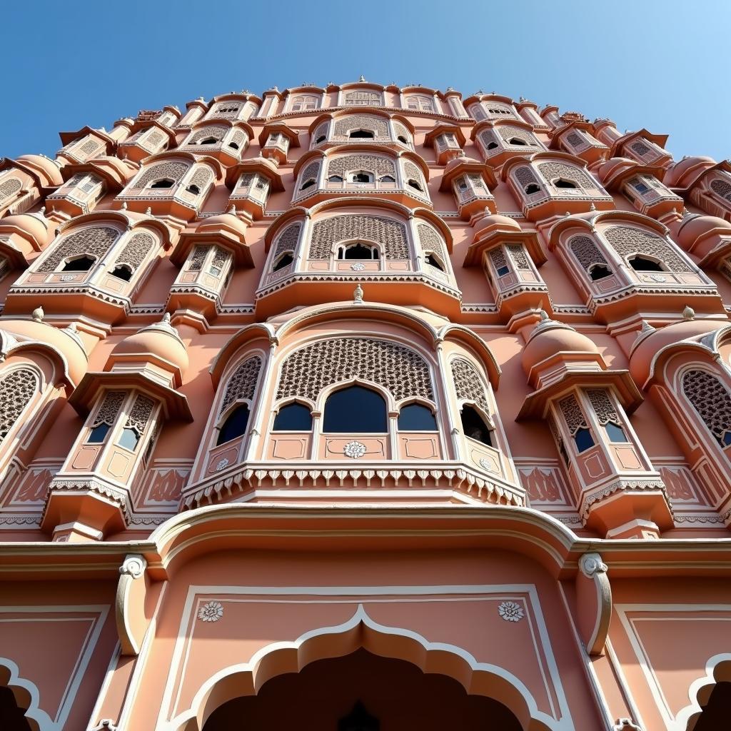 Hawa Mahal, the Palace of Winds in Jaipur, showcasing its intricate facade of small windows.