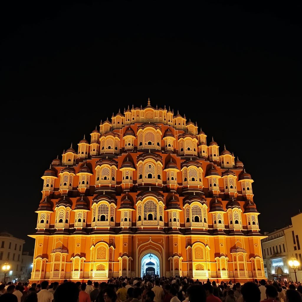 Hawa Mahal illuminated at night