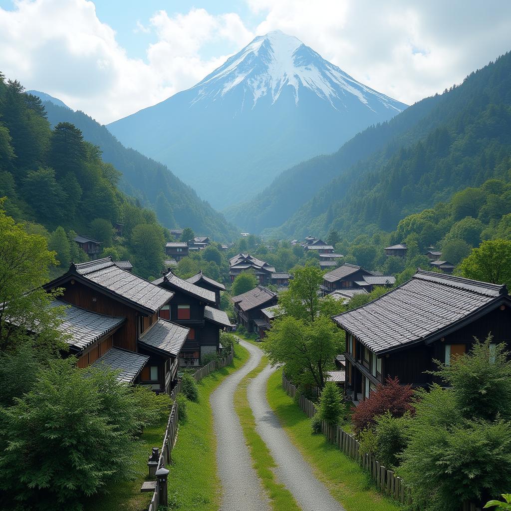 Hidden Japanese Village Nestled Against a Mountain Backdrop