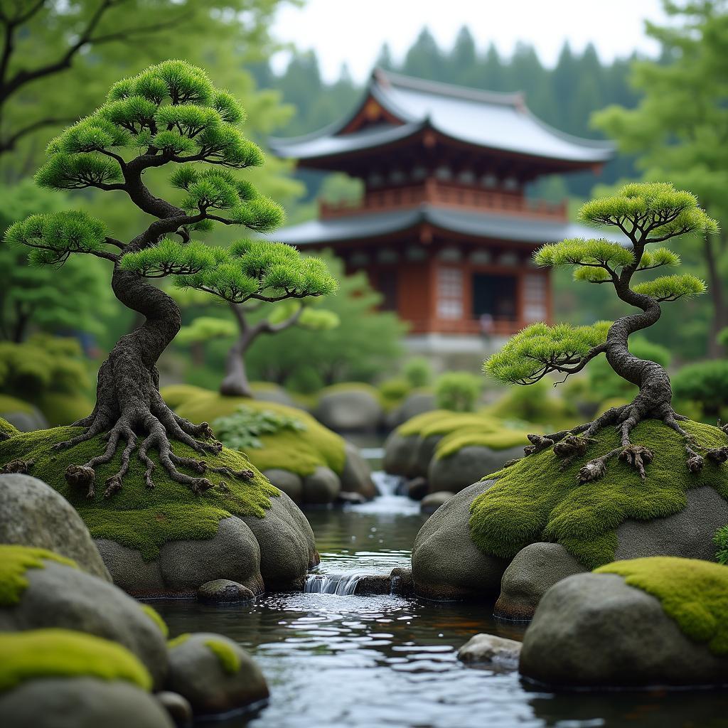 Exploring a serene Japanese garden with a traditional pagoda in the background.