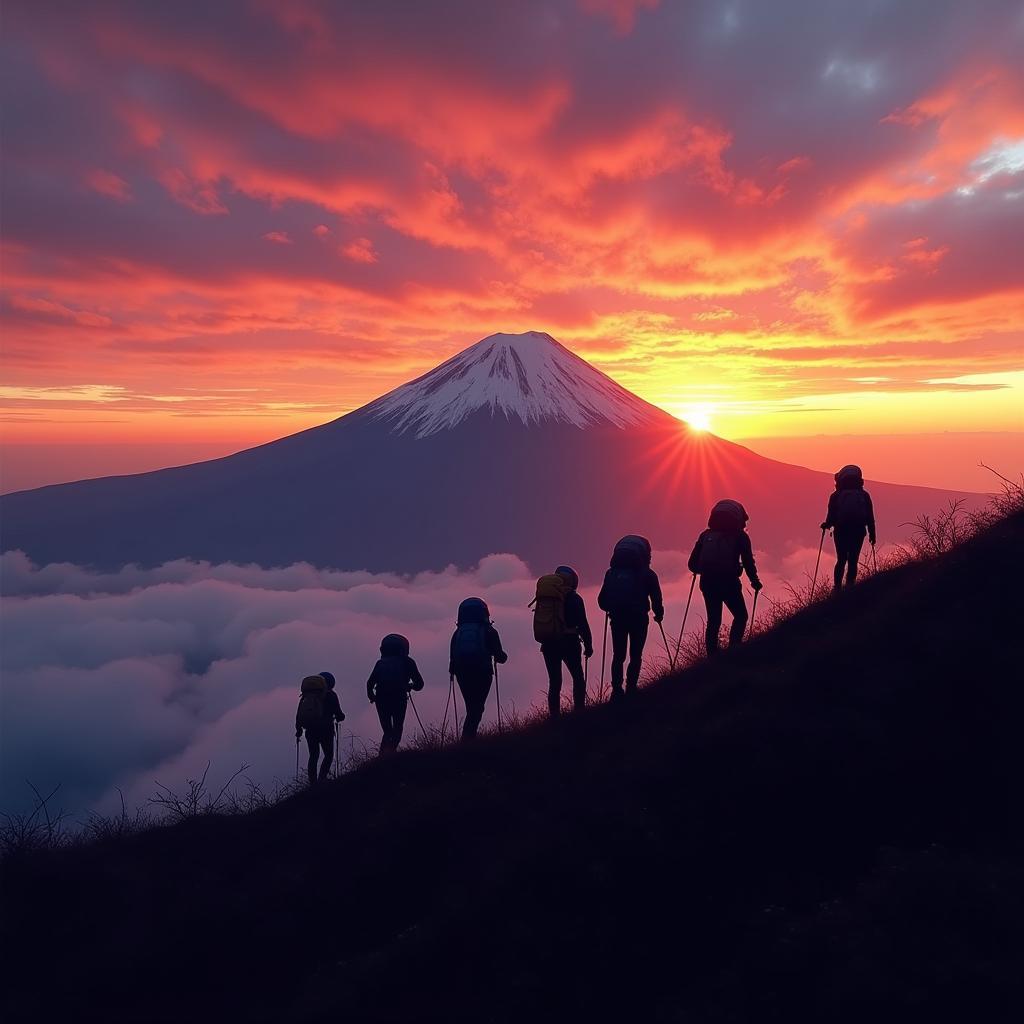 Hiking Mount Fuji at sunrise