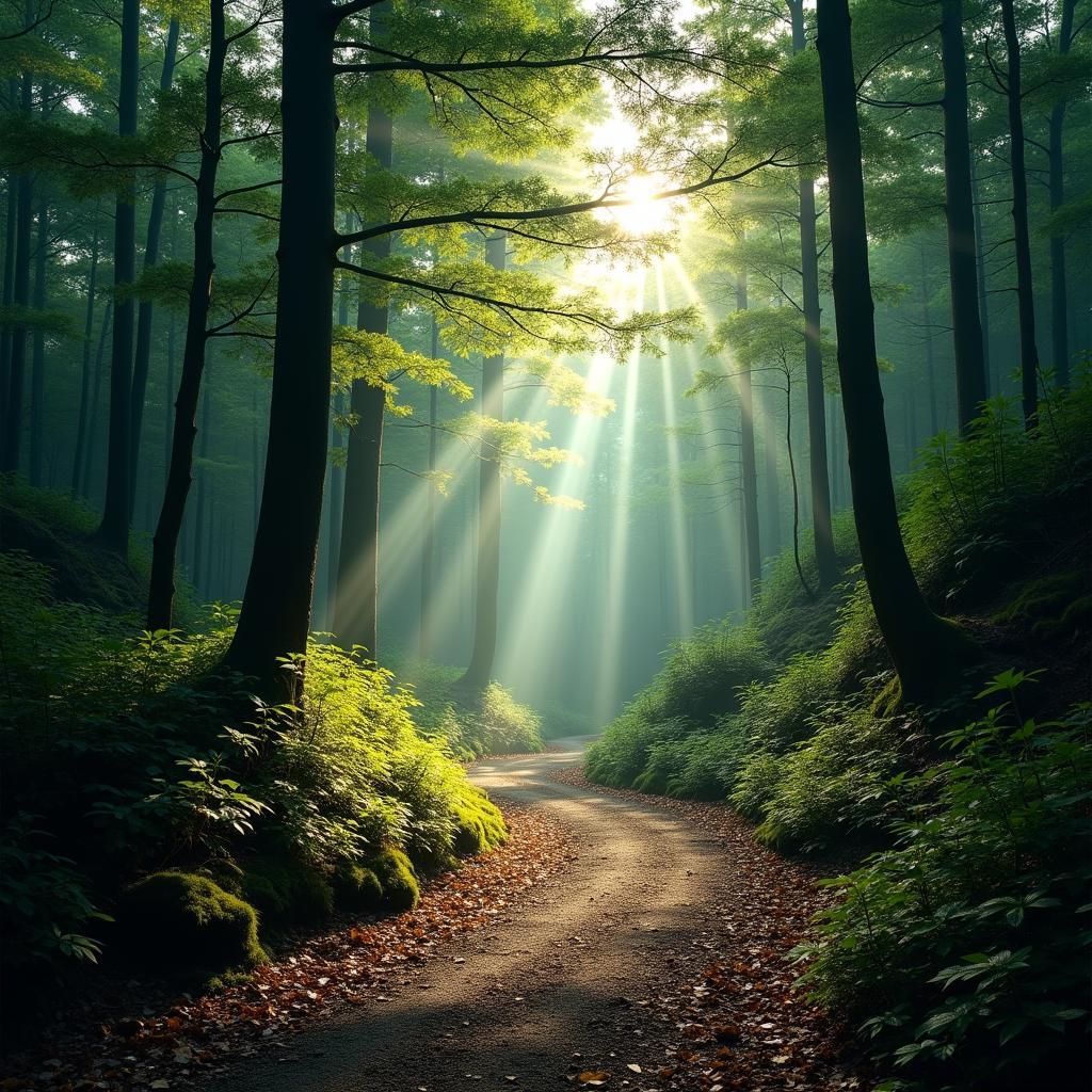 Sunlight filtering through the trees on a hiking trail in a Japanese forest