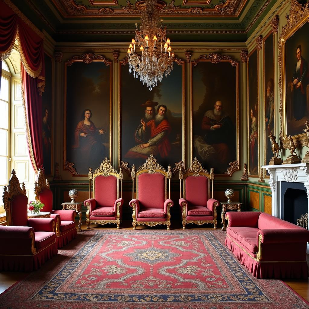 The opulent Throne Room inside the Palace of Holyroodhouse, ready for a state occasion.