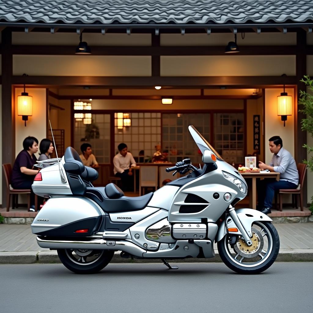 A Honda Goldwing parked near a traditional Japanese restaurant with locals enjoying a meal.