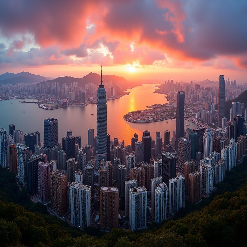 Hong Kong City Tour: A breathtaking view of Victoria Harbor at sunset with the city skyline in the background