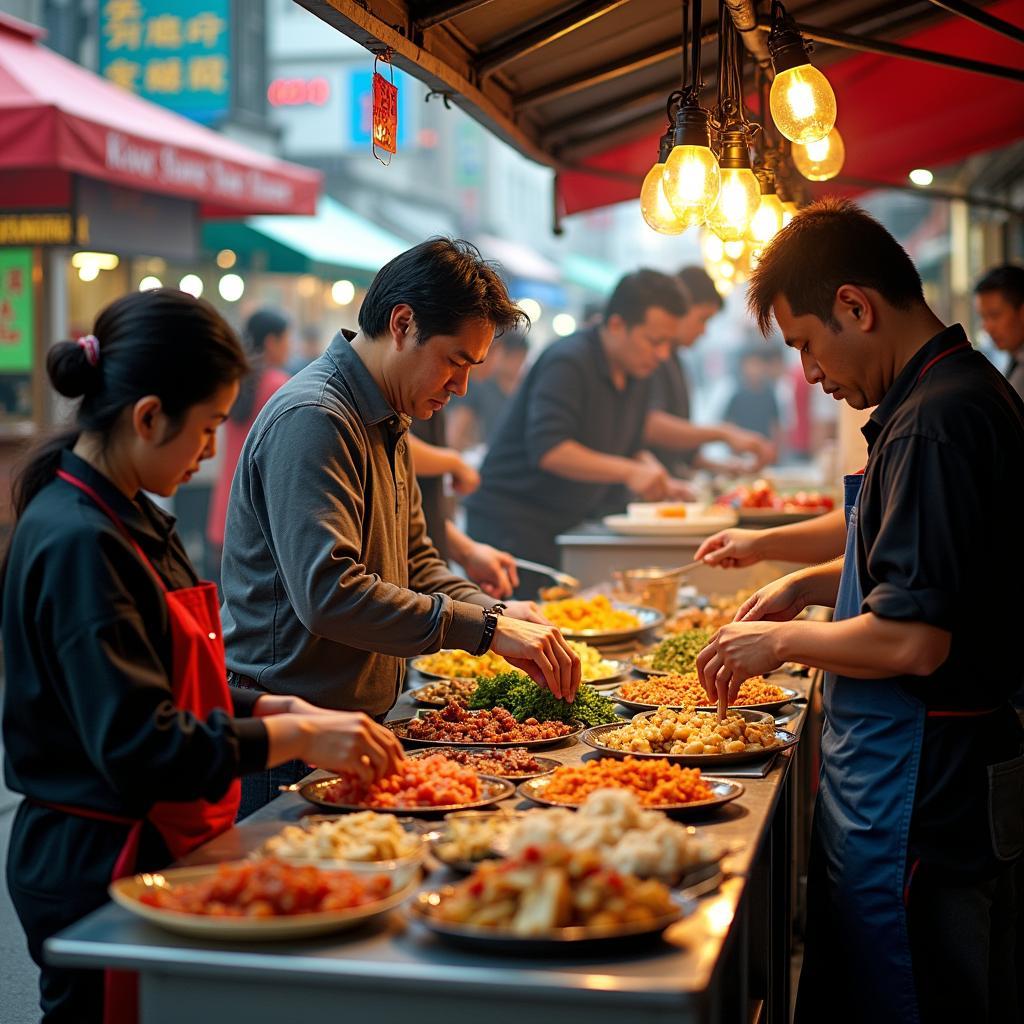 Street food vendors in Hong Kong preparing and serving various local delicacies.