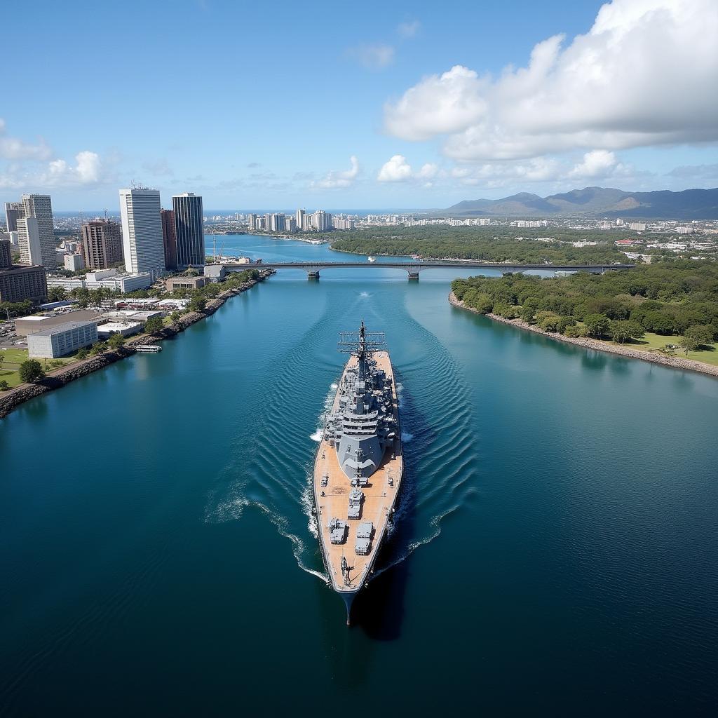 Aerial view of Pearl Harbor from an airplane during an air tour of Honolulu Harbor