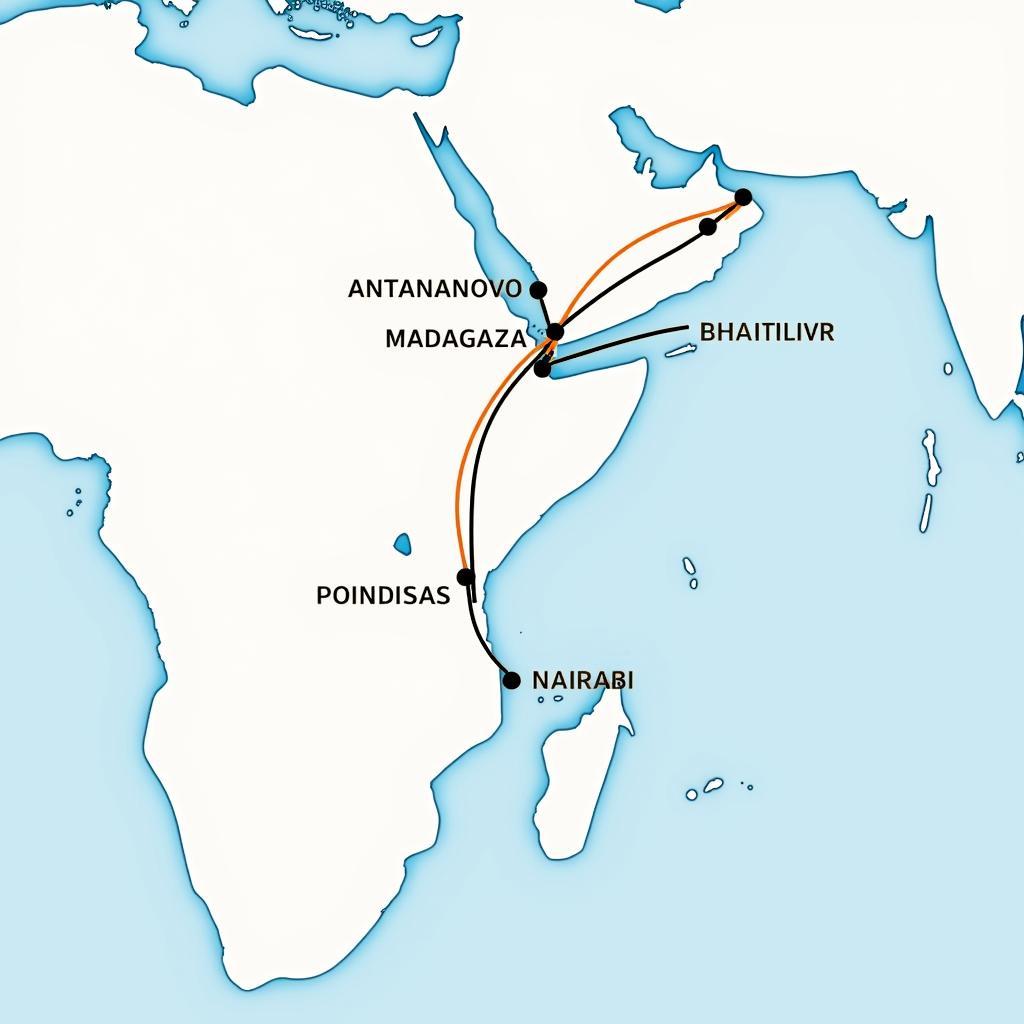 Flight route from India to Madagascar