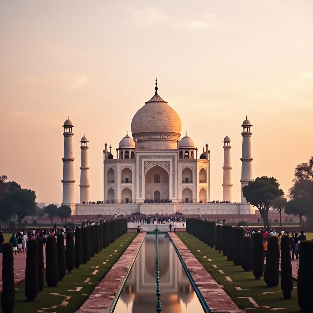 Taj Mahal at sunrise, a symbol of India's rich history and architecture, part of a comprehensive India tour package.