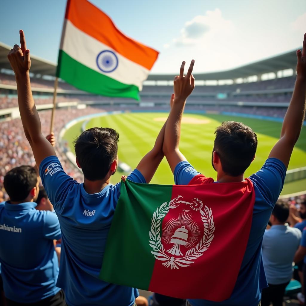 Indian and Afghan Cricket Fans Celebrating Together