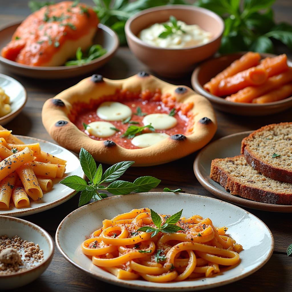 A selection of Italian regional dishes, including pasta, pizza, seafood, and desserts.