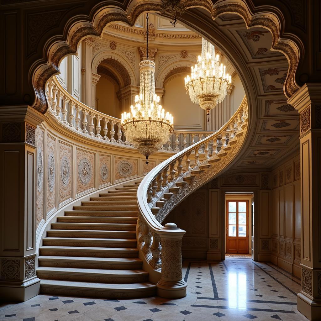 Opulent interior of Jai Vilas Palace, showcasing its grand staircase, chandeliers, and intricate decorations.