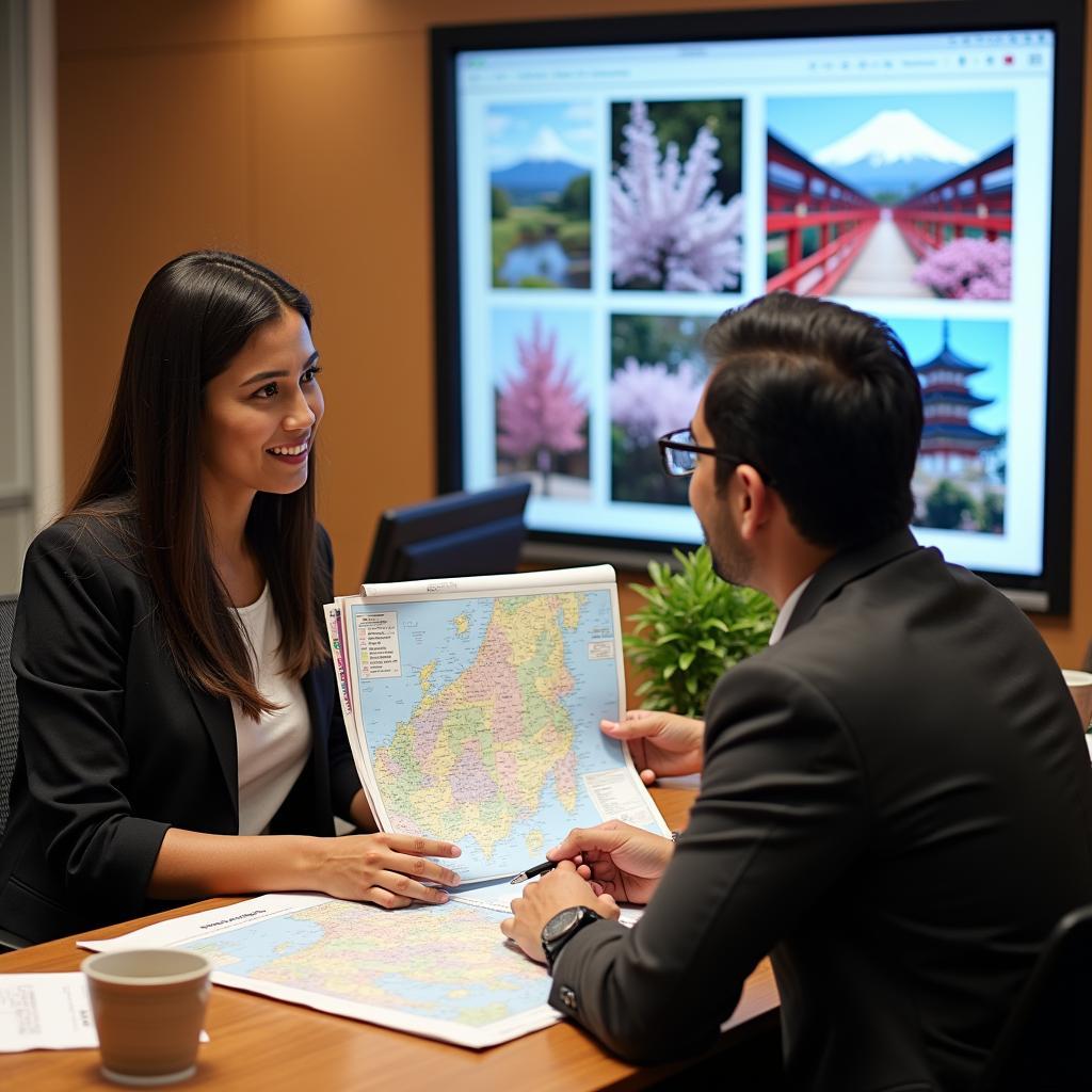 Jaipur travel agent consulting a client about a customized Japan itinerary.