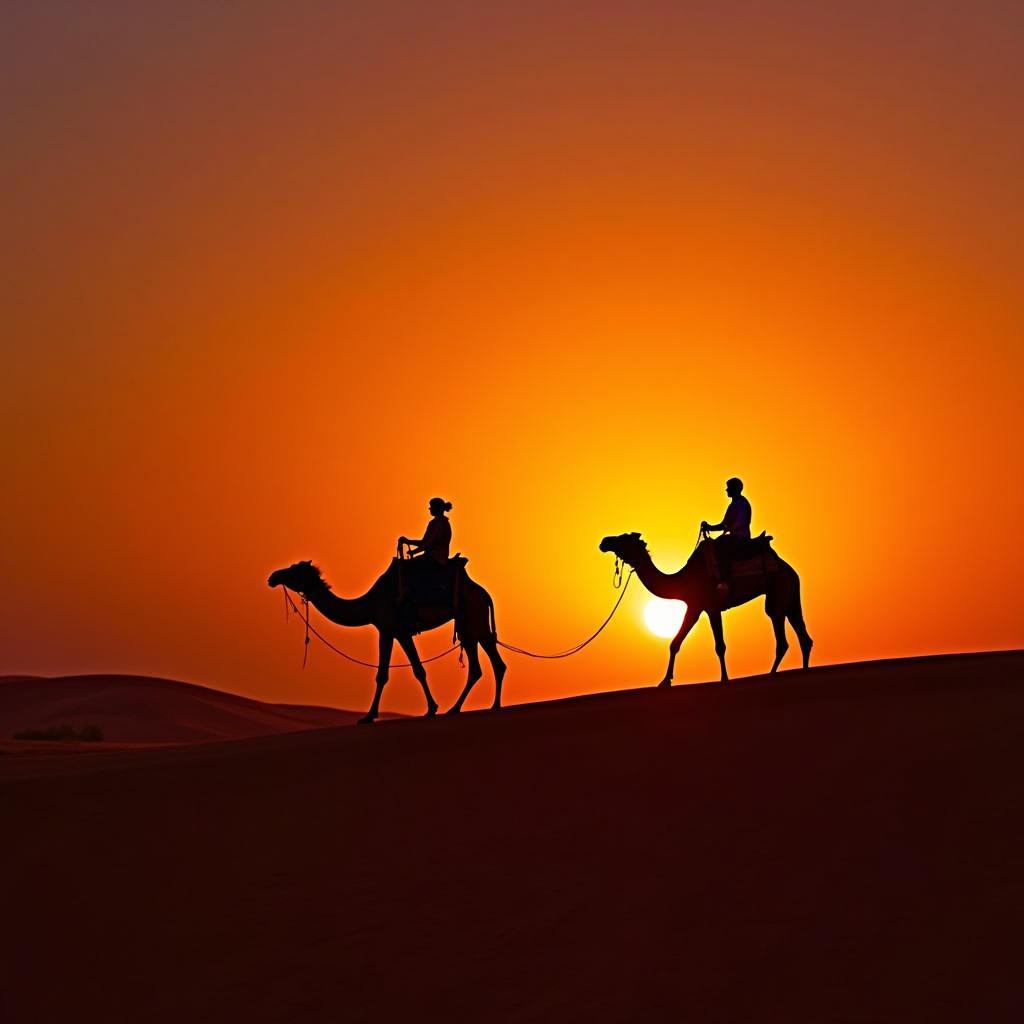 Camel ride during sunset in the Jaisalmer desert