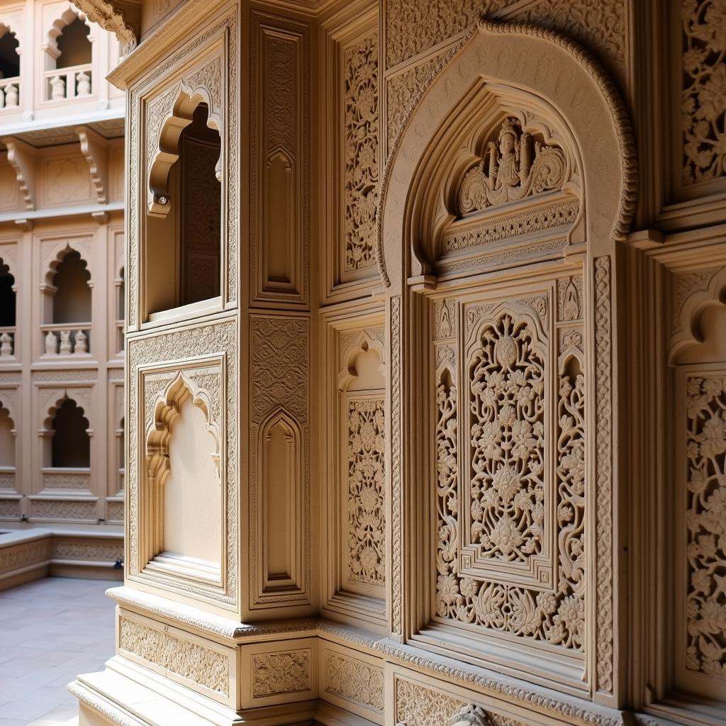 Intricate Carvings on Jaisalmer Havelis: Close-up details of the ornate sandstone carvings adorning the havelis, demonstrating the craftsmanship and artistry of the era.