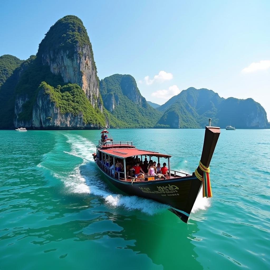 Longtail boat approaching James Bond Island in Phang Nga Bay, Phuket, Thailand