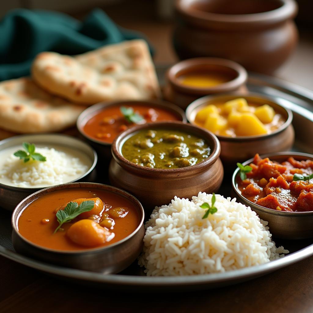 A colorful and appetizing Gujarati Thali showcasing a variety of dishes, a culinary delight in Jamnagar.