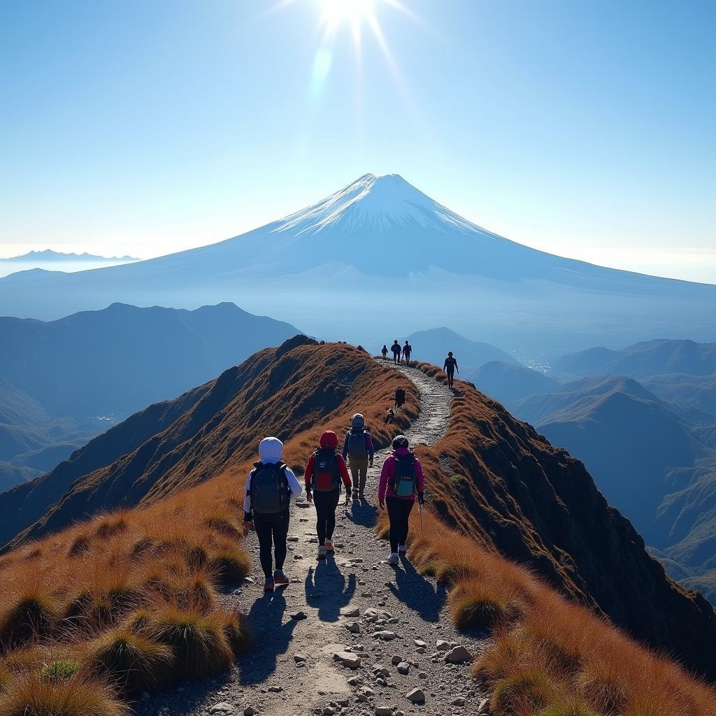 Hikers ascending Mount Fuji with stunning views of the surrounding landscape