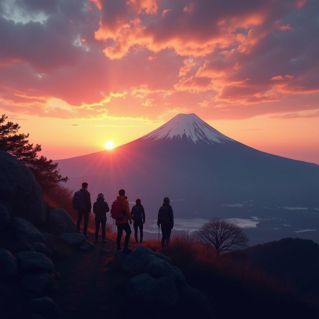 A group of hikers witnessing a breathtaking sunrise over Mount Fuji.