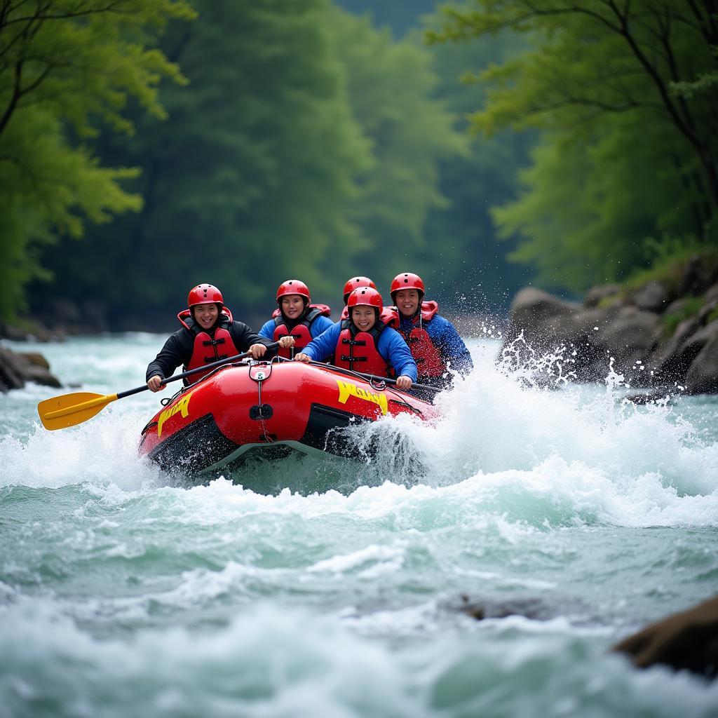 Rafters navigating the rapids of a Hokkaido river.