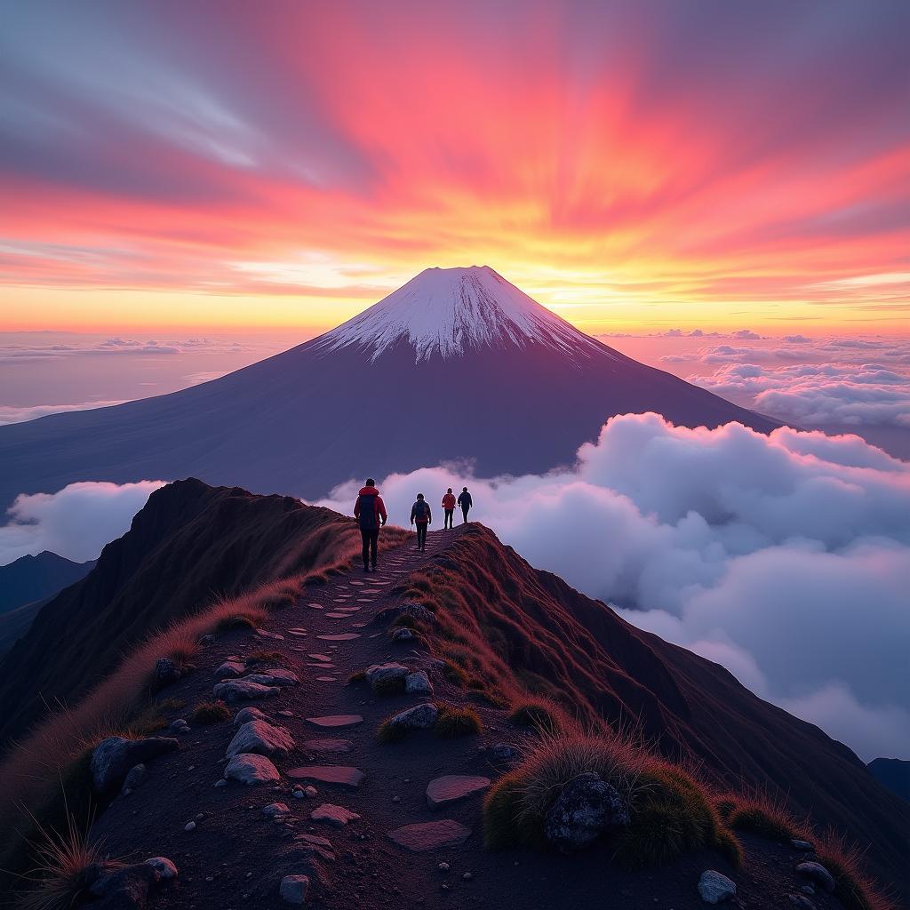 Hikers ascending Mount Fuji during sunrise, showcasing the stunning natural beauty of Japan.