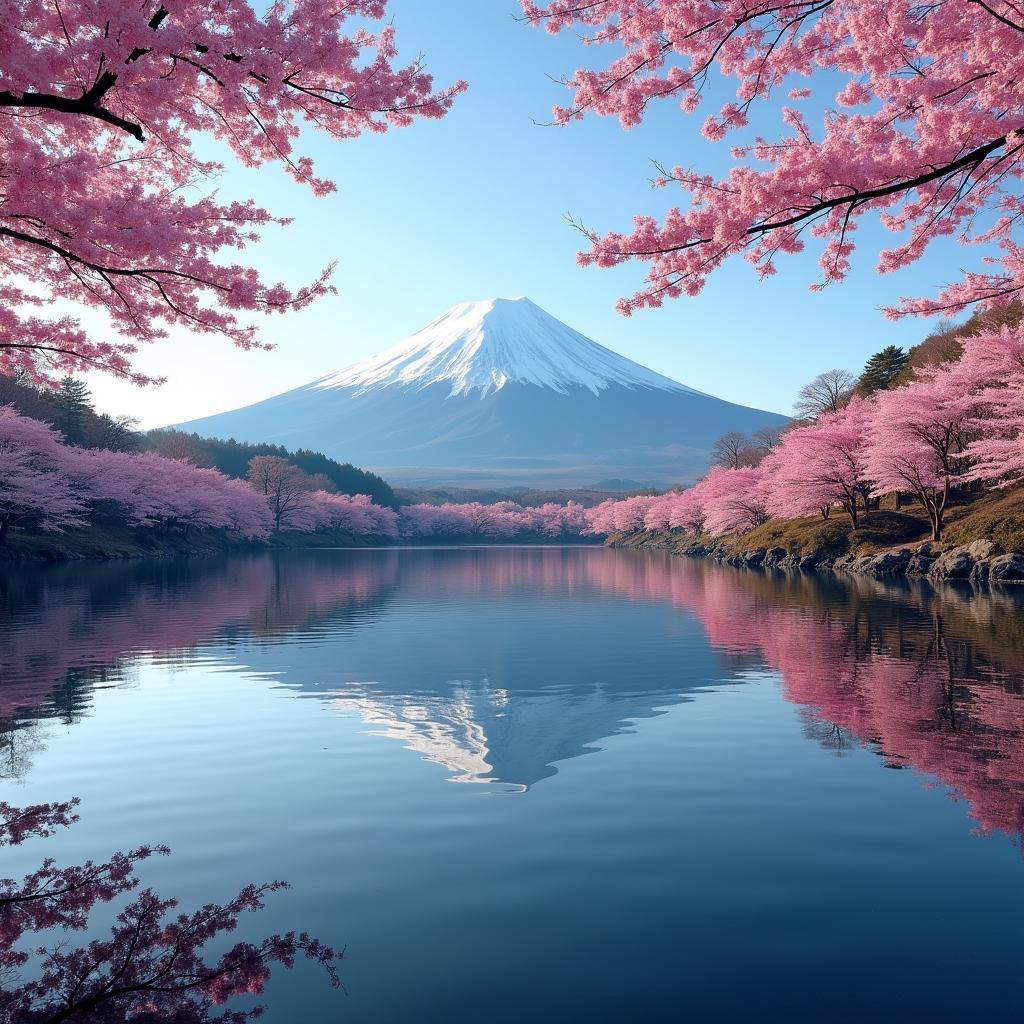 Mount Fuji reflected in a serene lake with cherry blossoms in the foreground.