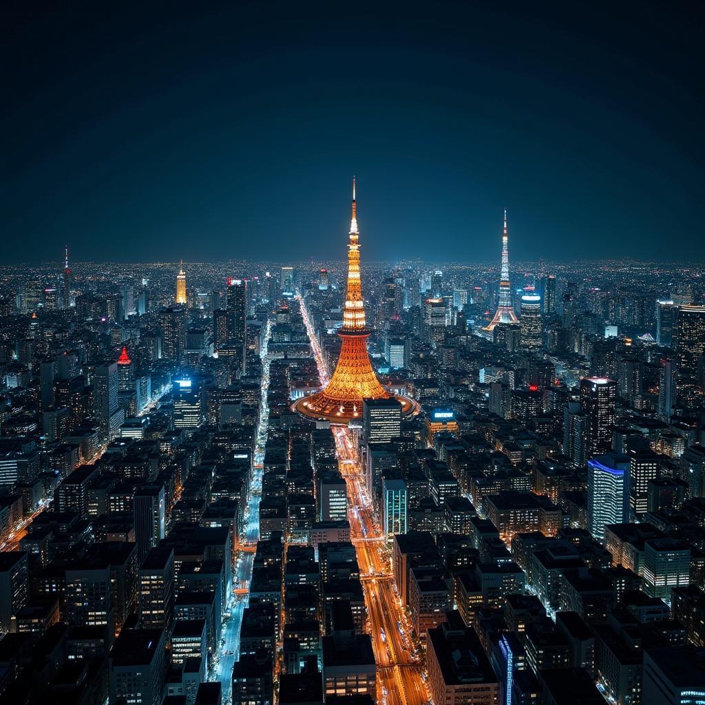 Tokyo skyline at night from a helicopter