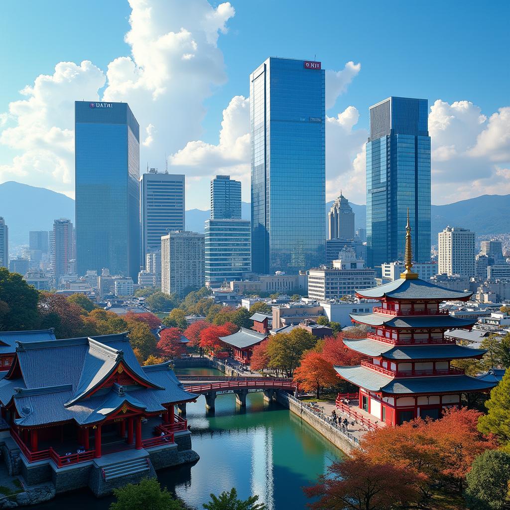 Modern skyscrapers and traditional temples in a bustling Japanese city