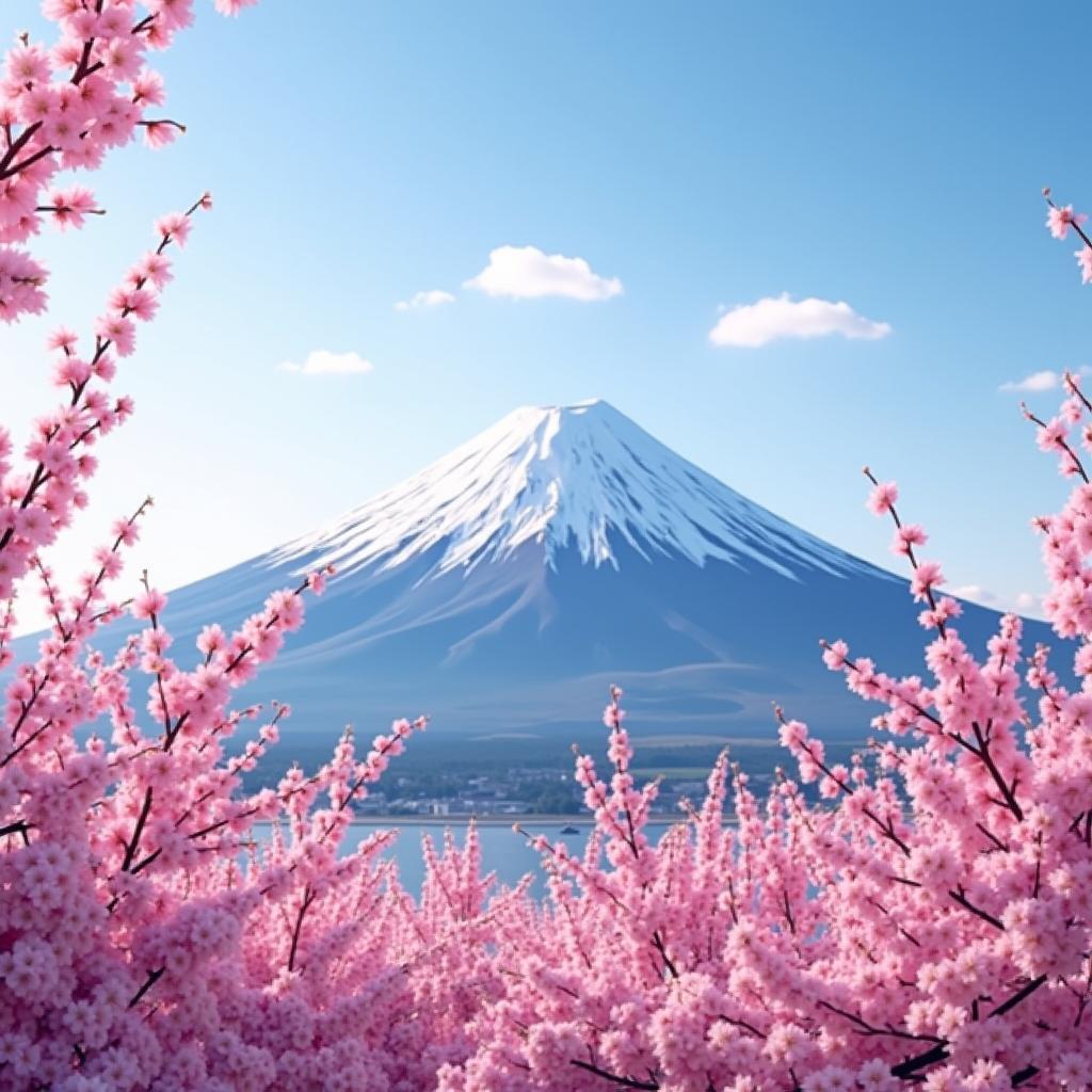 Cherry blossoms framing Mount Fuji in Japan