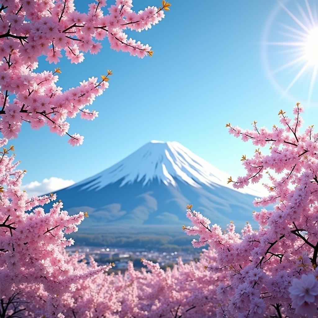 Cherry blossom season at Mount Fuji with a clear blue sky.