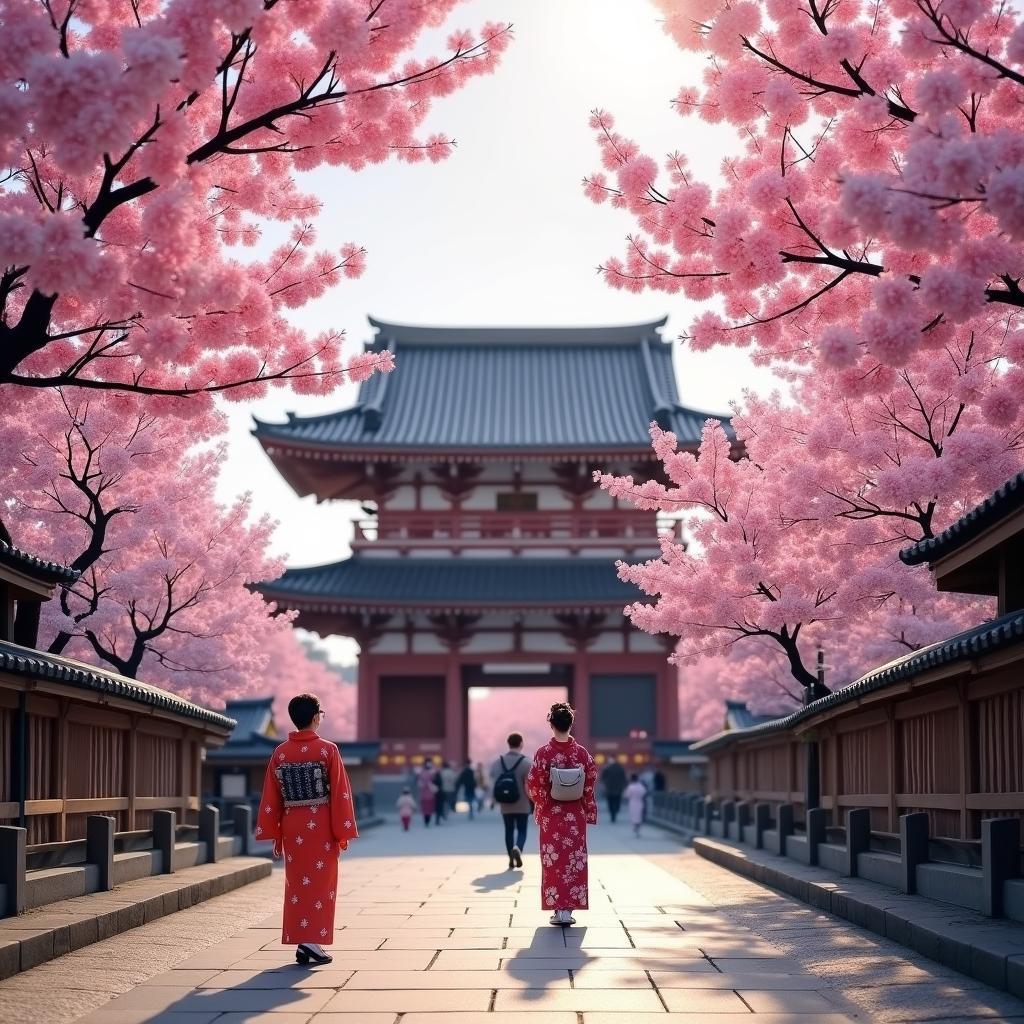 Kyoto Temple in Cherry Blossom Season