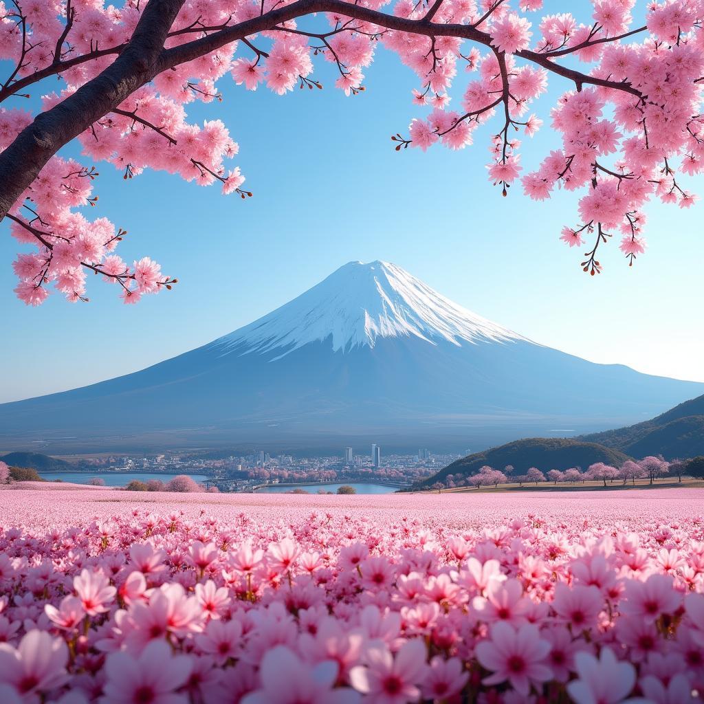 Cherry Blossom Season in Japan with Mount Fuji in the Background