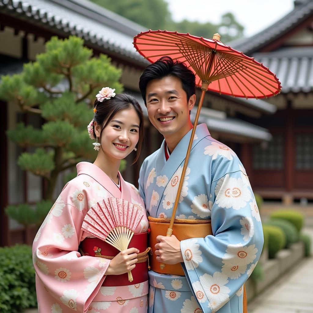 Couple dressed in kimonos posing in a traditional Japanese setting