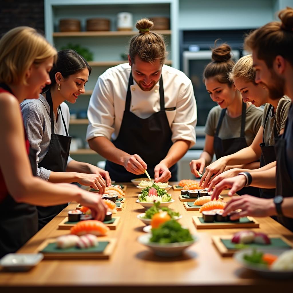 Travelers enjoying a sushi-making class in Japan