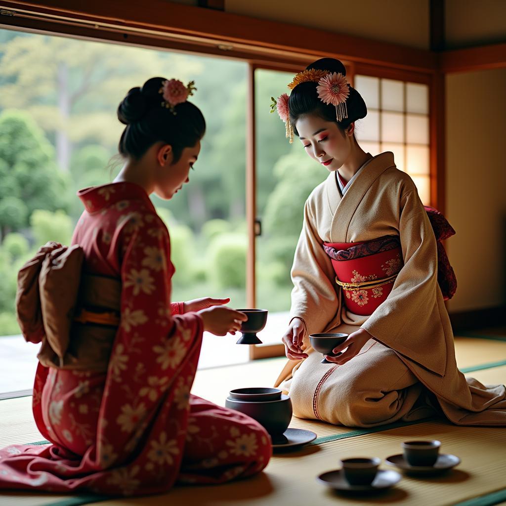 Geisha performing tea ceremony in traditional kimono