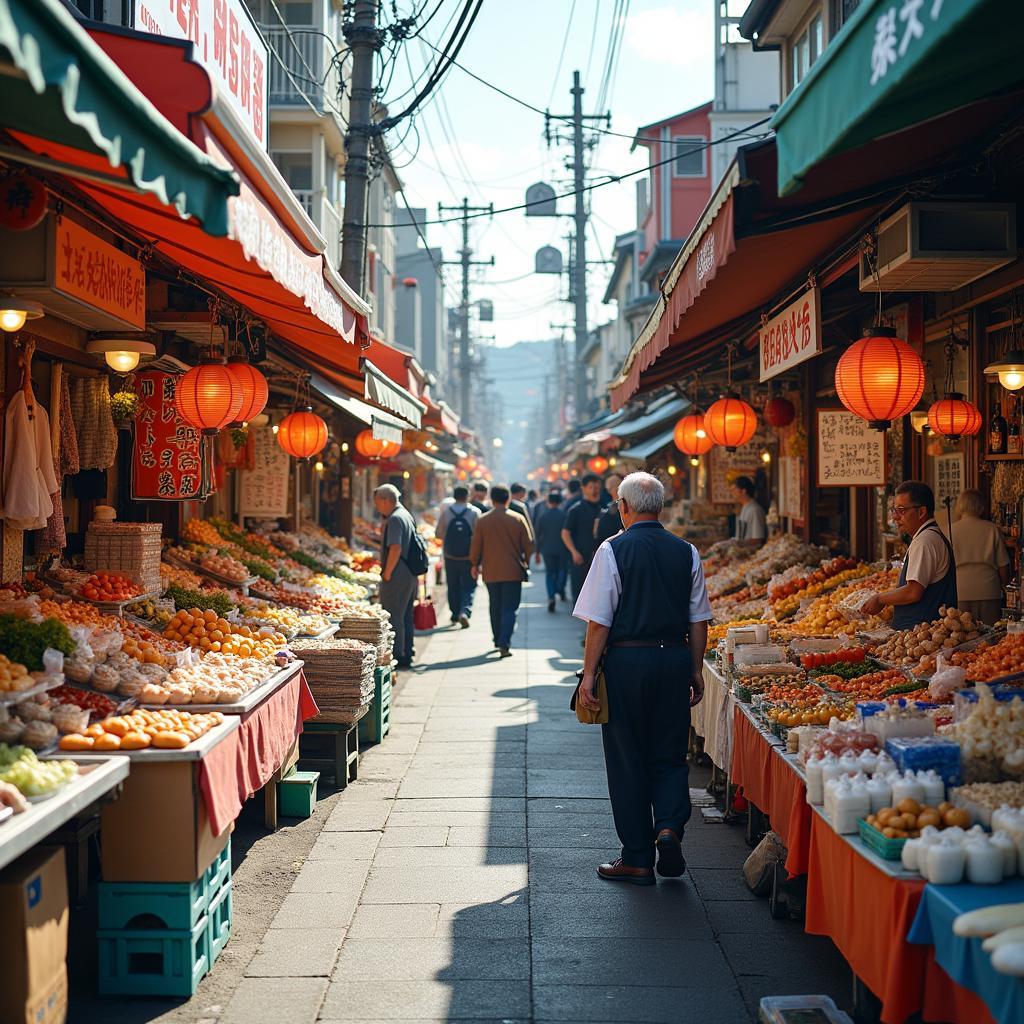 Bustling Japanese market street with food vendors