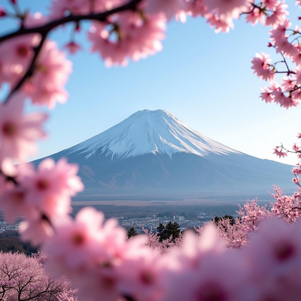 Mount Fuji in Bloom: Witness the breathtaking beauty of Mount Fuji framed by delicate cherry blossoms, a quintessential symbol of Japan's natural beauty.