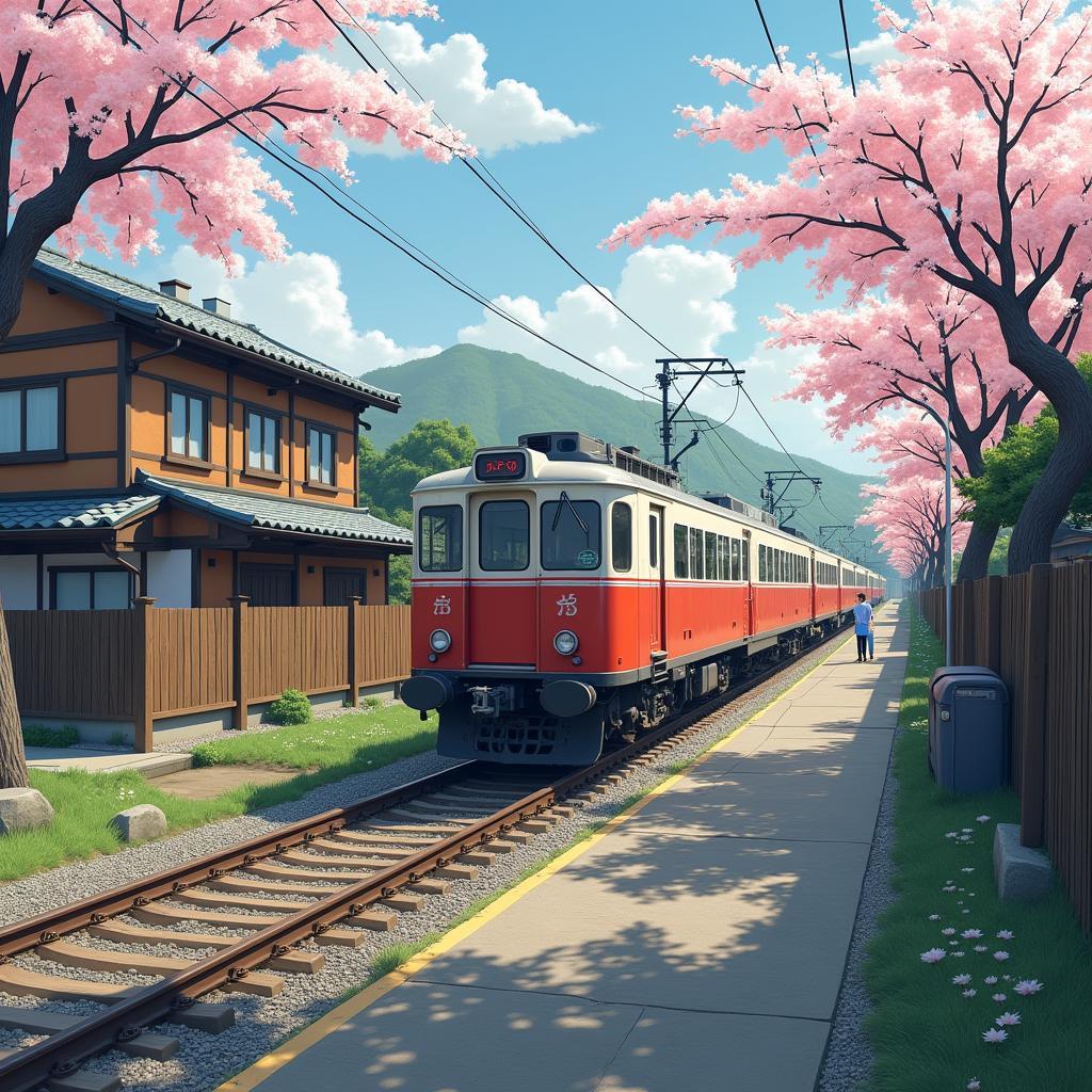 Local train passing through a traditional Japanese village