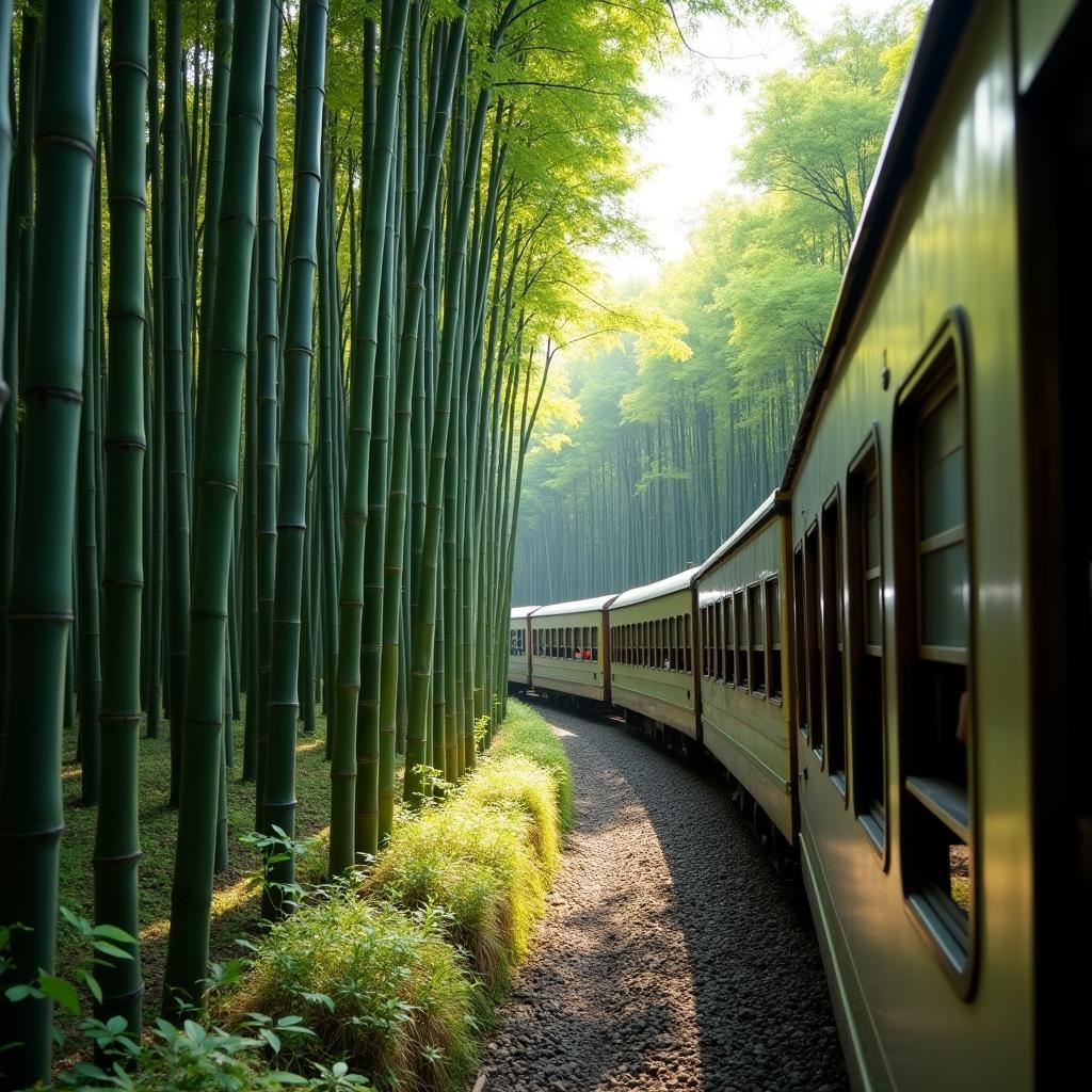 Scenic train journey through the bamboo forest in Kyoto