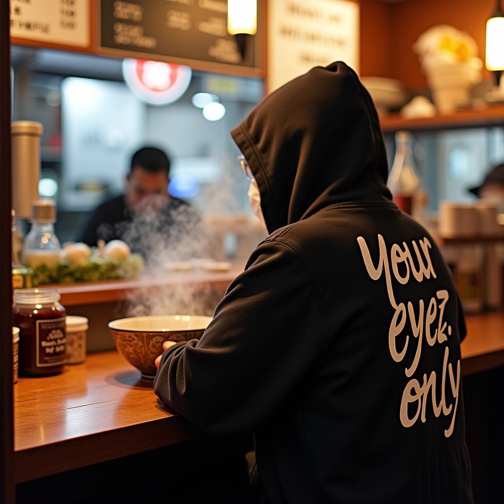 Enjoying ramen in Japan wearing a 4 Your Eyez Only hoodie