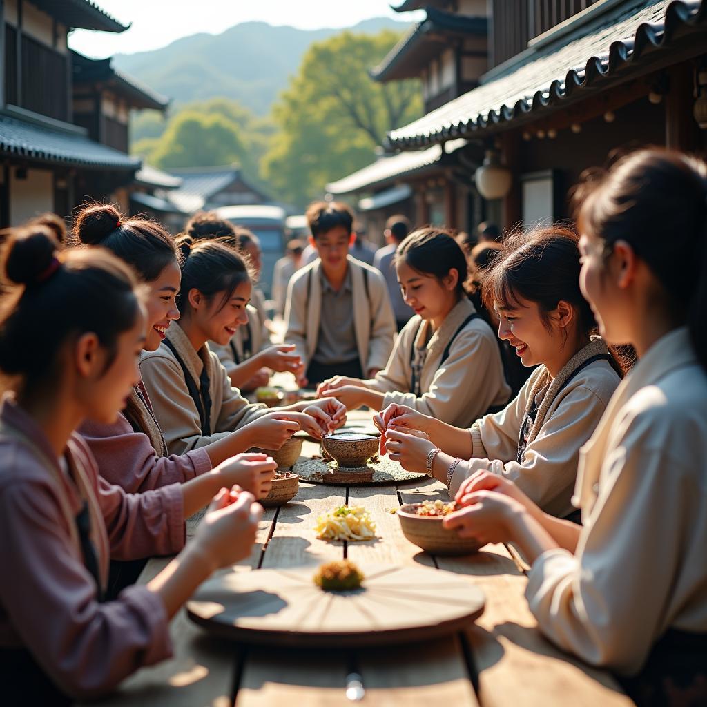 Tourists interacting with locals in a Japanese village